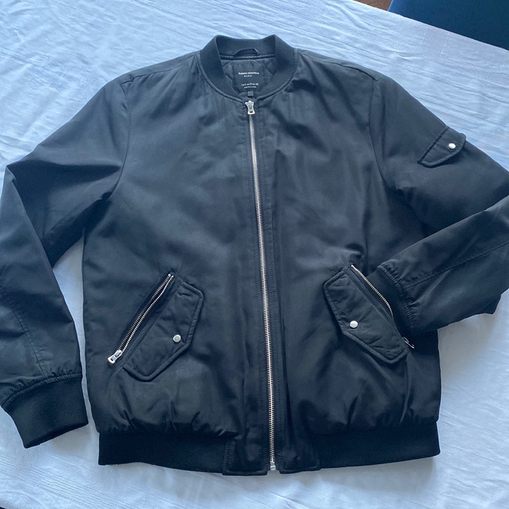 Zara black bomber style jacket. Light weight, quilted interior, zip front. Small